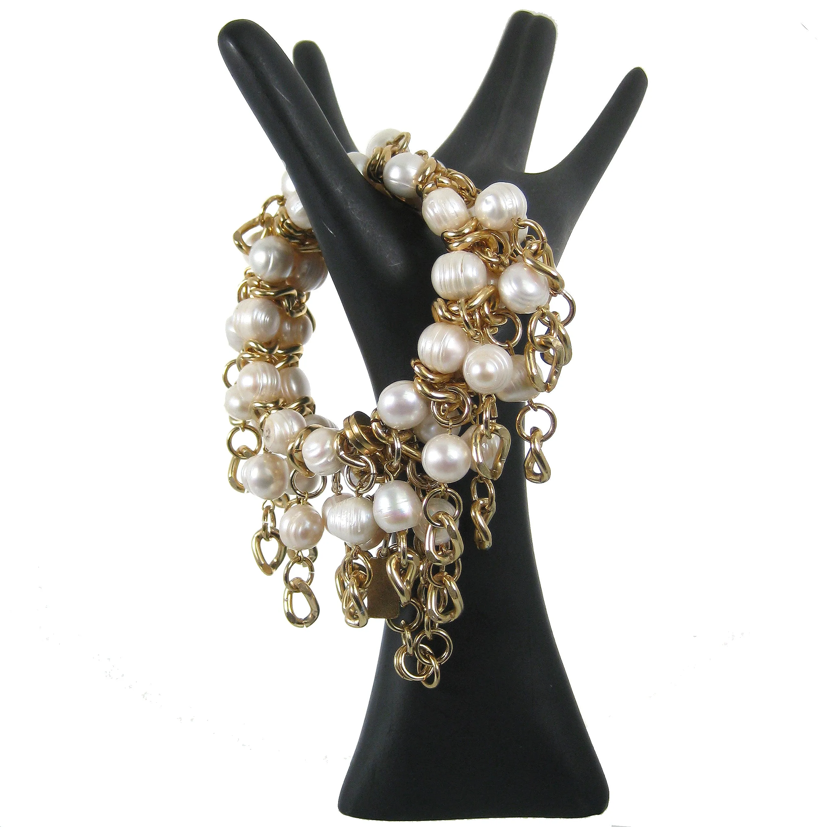 #1021b Gold Tone Chain & Fresh Water Pearl Fringed Bracelet