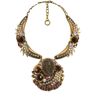#1051n Gold Tone Collar/Pendant Statement Necklace With Crystal, Pink & Ruby Rhinestones & Flowers