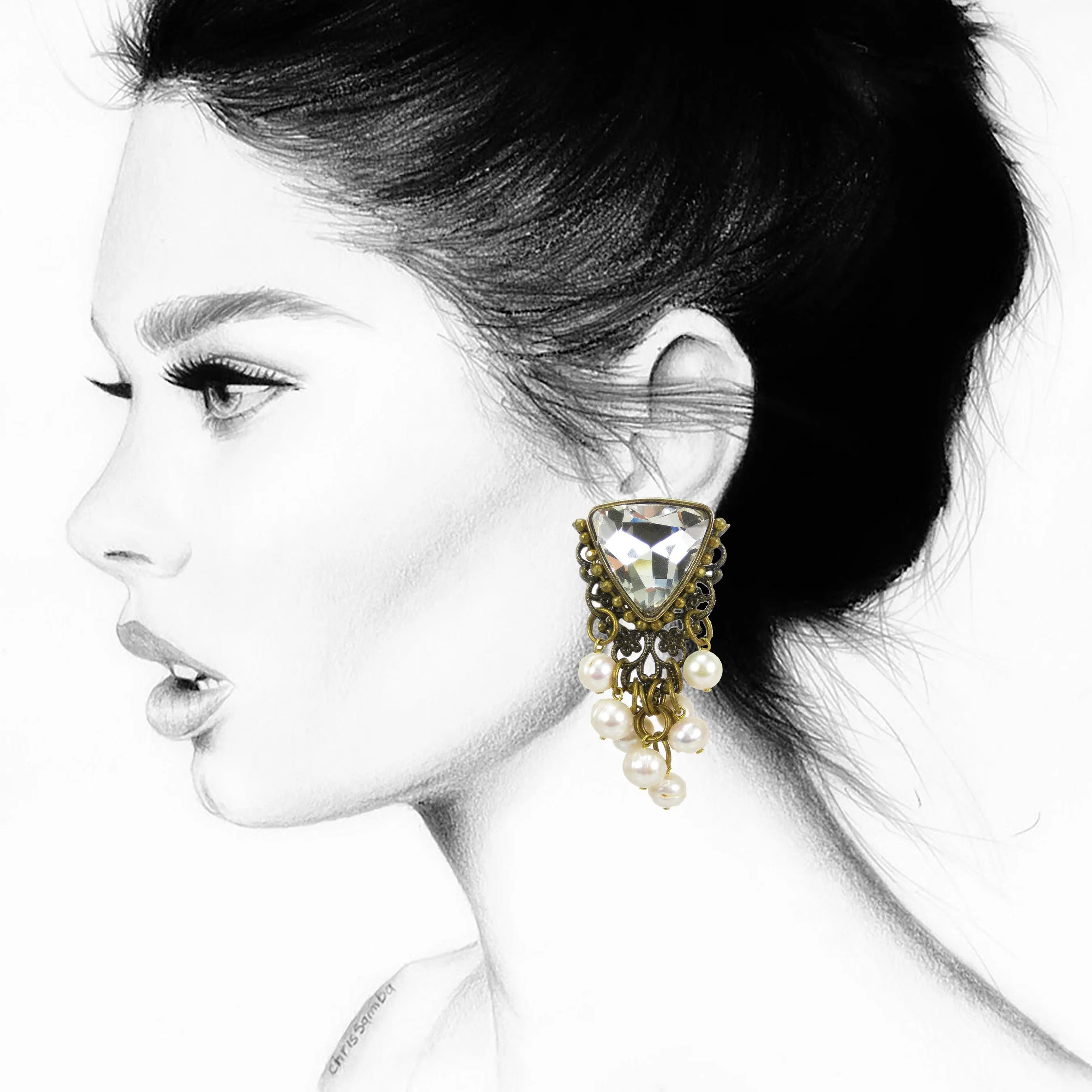 #1053e Old Gold Filigree, Pearl & Crystal Embellished Earrings