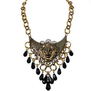 #1135n Gold Tone Filigree, Lion Head & Jet Bib Necklace