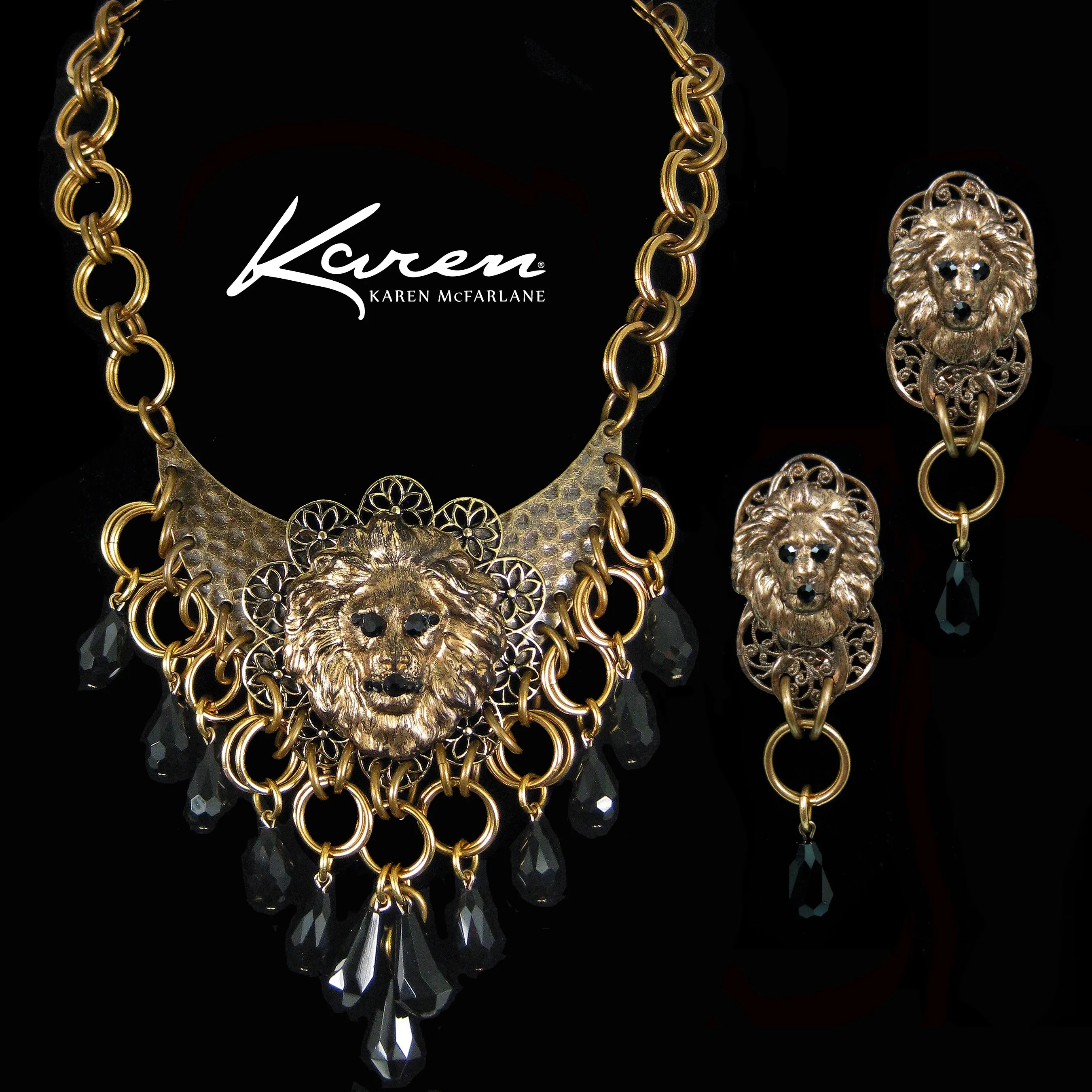 #1135n Gold Tone Filigree, Lion Head & Jet Bib Necklace