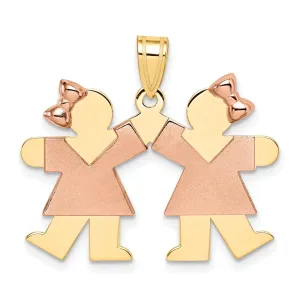 14k Two-tone Small Twin Girls With Bows Kiss Charm