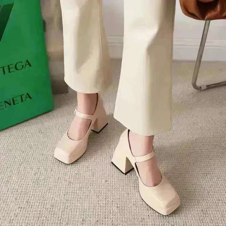 All-match Lolita Retro Patent Leather Thick High Heels Women for Women