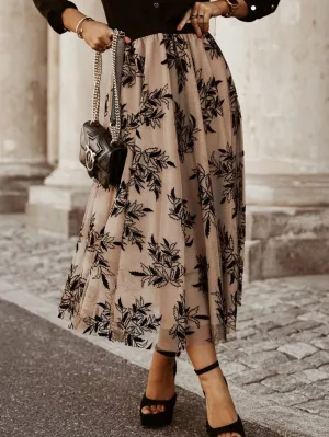 Apricot Floral Embroidered Maxi Skirt with High Waist