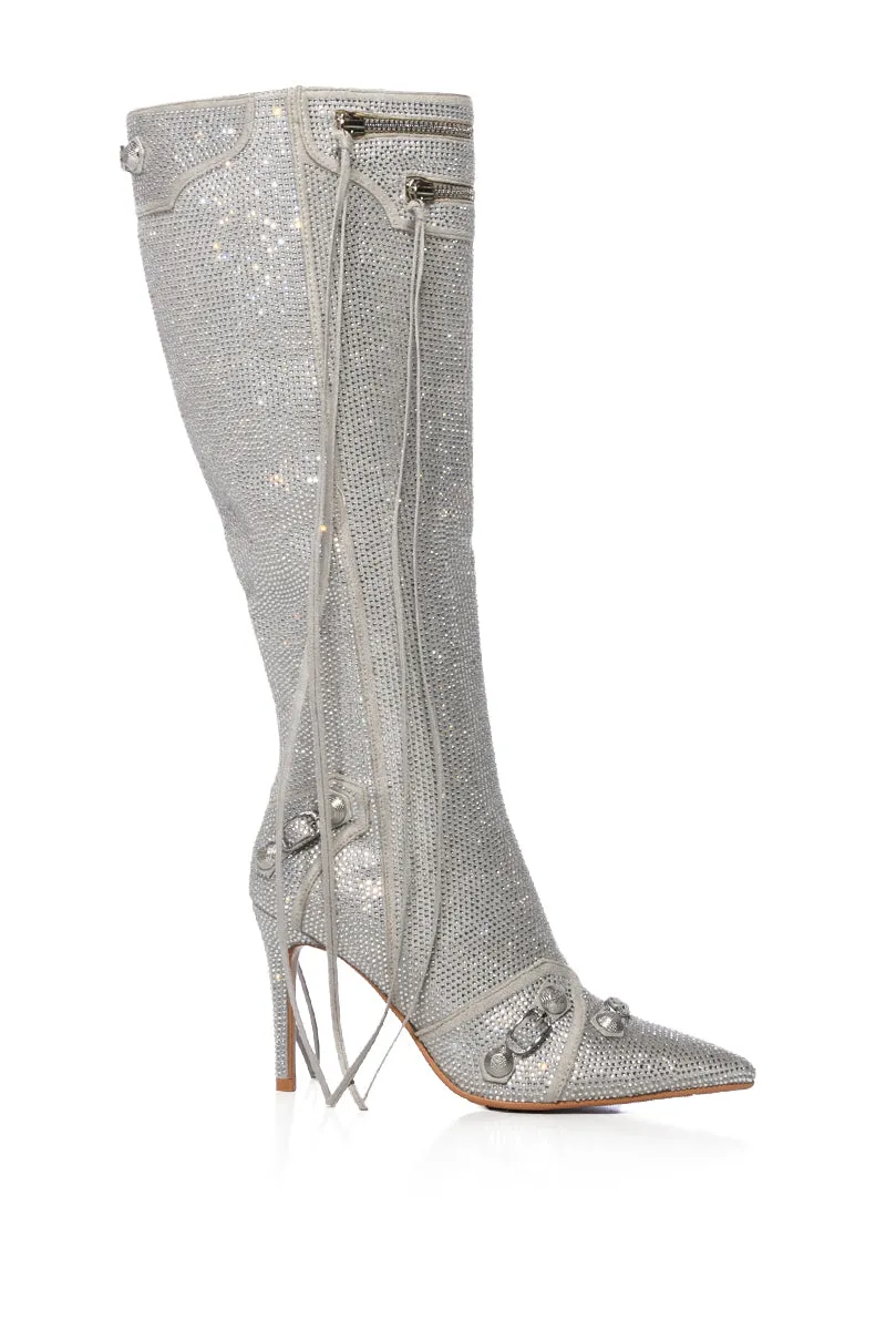 AZALEA WANG MAEVE STILETTO BOOT IN EMBELLISHED SILVER