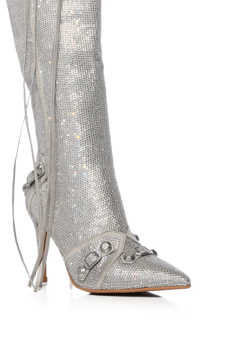 AZALEA WANG MAEVE STILETTO BOOT IN EMBELLISHED SILVER