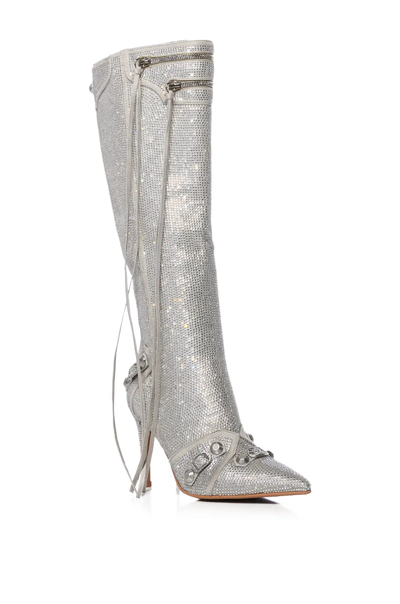 AZALEA WANG MAEVE STILETTO BOOT IN EMBELLISHED SILVER