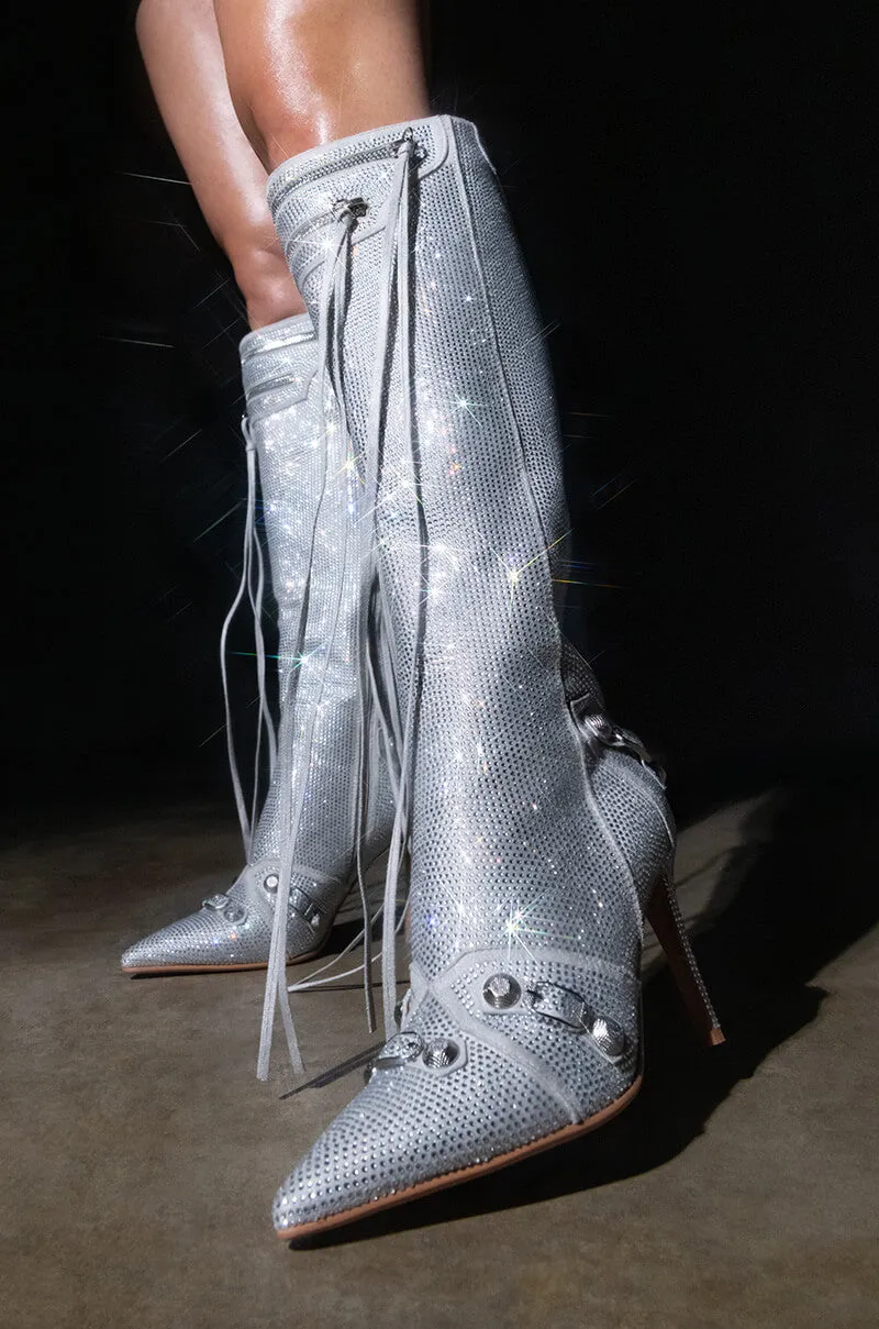 AZALEA WANG MAEVE STILETTO BOOT IN EMBELLISHED SILVER