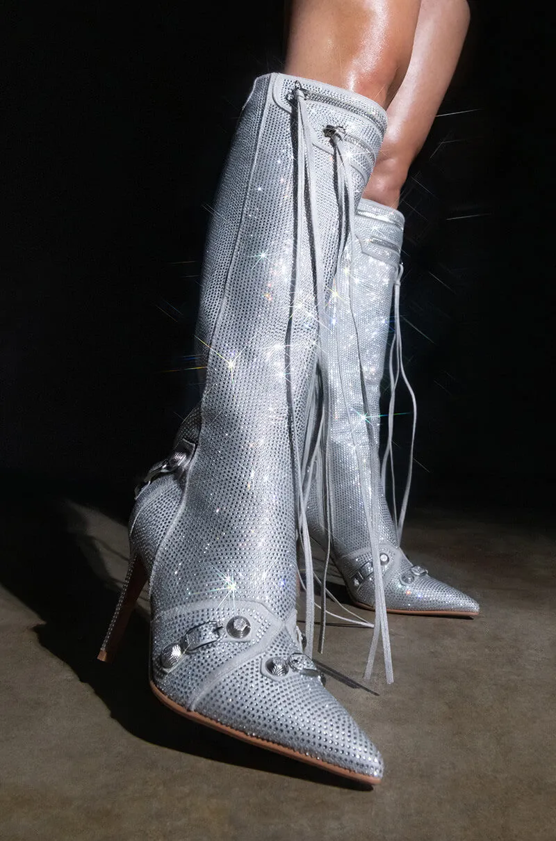 AZALEA WANG MAEVE STILETTO BOOT IN EMBELLISHED SILVER