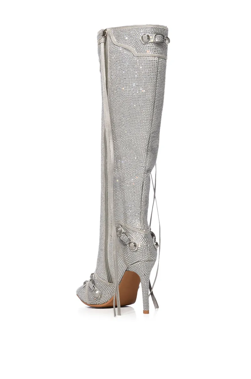 AZALEA WANG MAEVE STILETTO BOOT IN EMBELLISHED SILVER