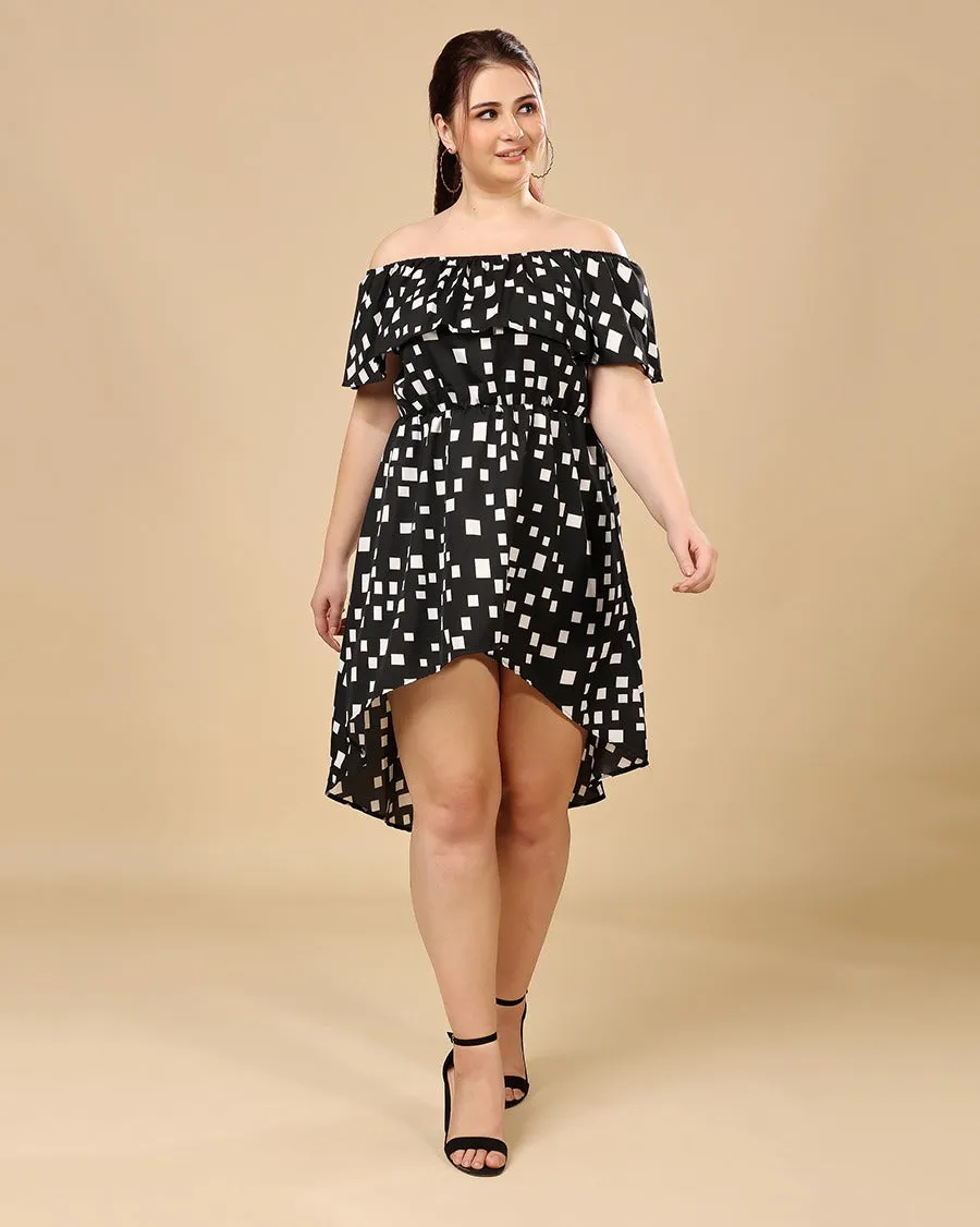 Black Geometric Printed High Low Dress