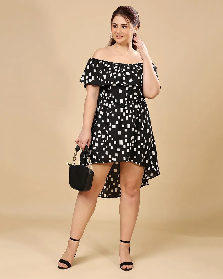 Black Geometric Printed High Low Dress
