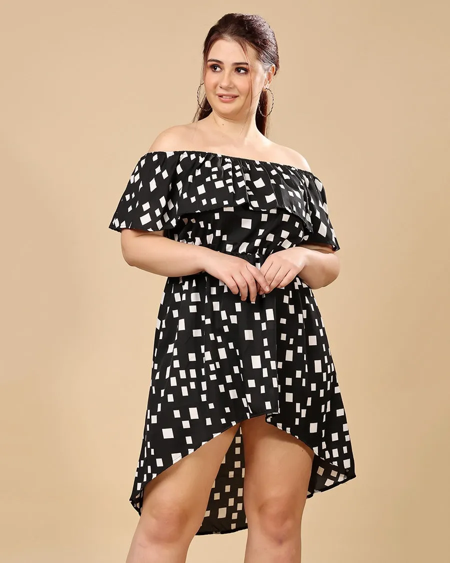 Black Geometric Printed High Low Dress