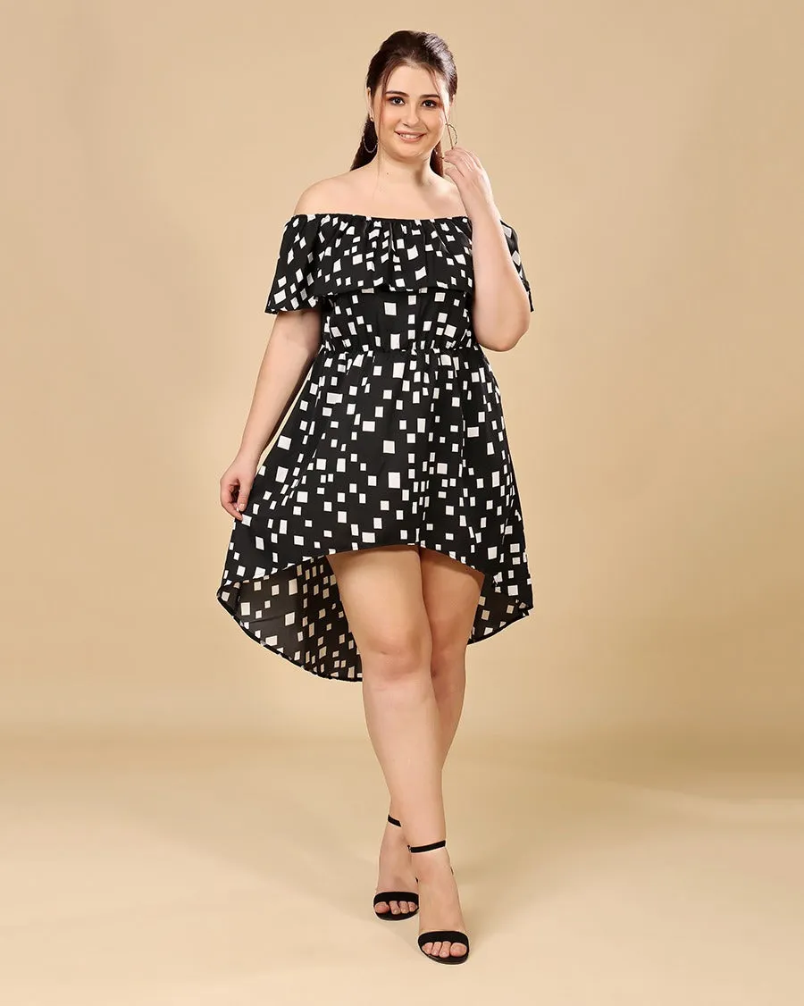 Black Geometric Printed High Low Dress