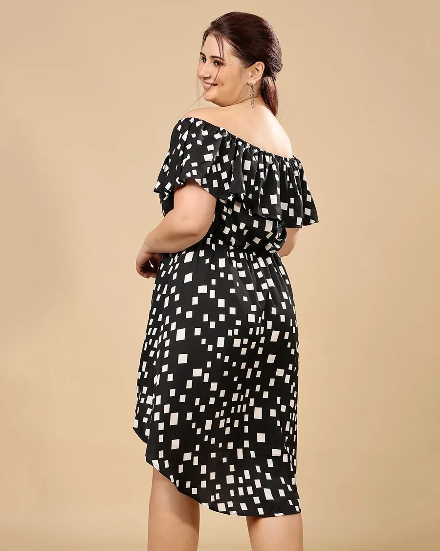 Black Geometric Printed High Low Dress