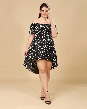 Black Geometric Printed High Low Dress