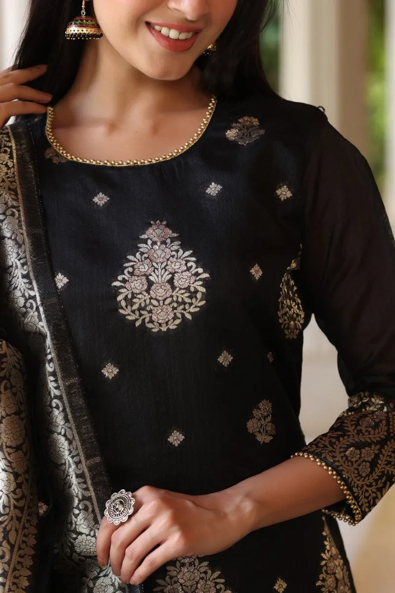 Black Poly Chanderi Ethnic Motifs Straight Suit Set