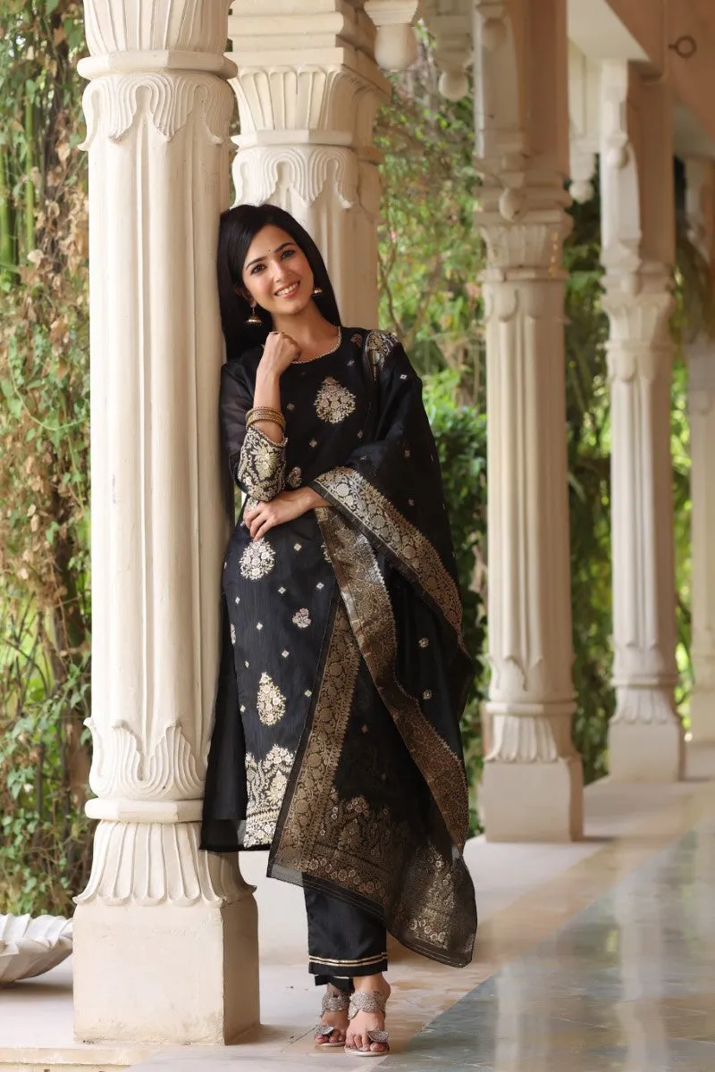 Black Poly Chanderi Ethnic Motifs Straight Suit Set