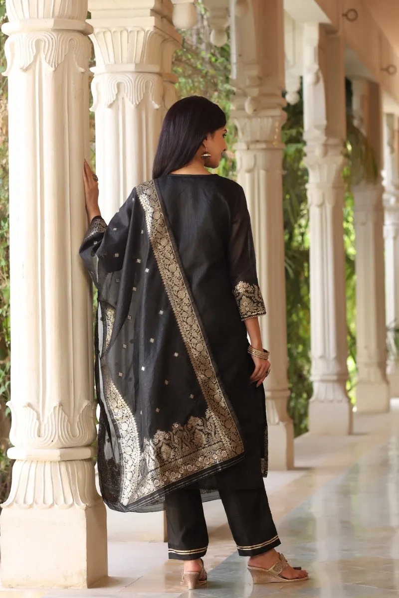 Black Poly Chanderi Ethnic Motifs Straight Suit Set
