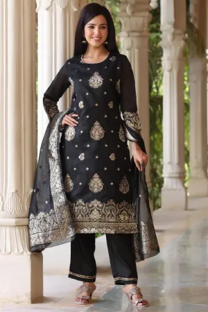 Black Poly Chanderi Ethnic Motifs Straight Suit Set