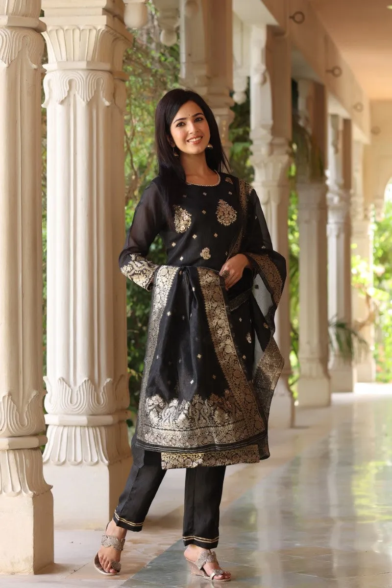 Black Poly Chanderi Ethnic Motifs Straight Suit Set