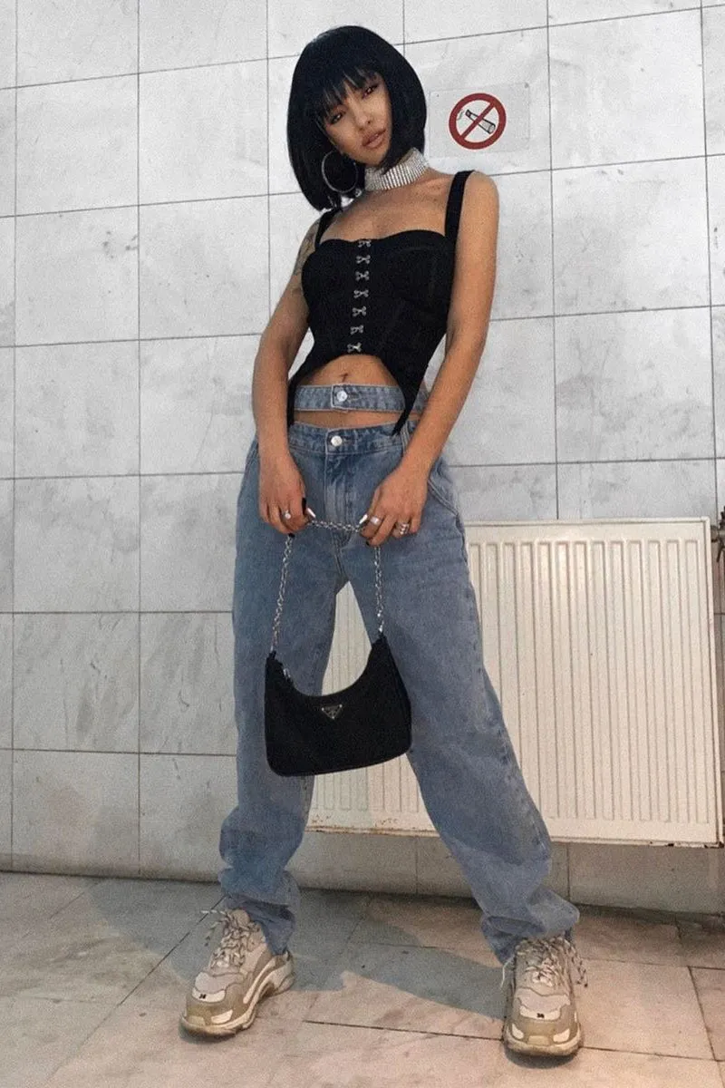 Black Seam Detail Corset Crop Top - Luiza