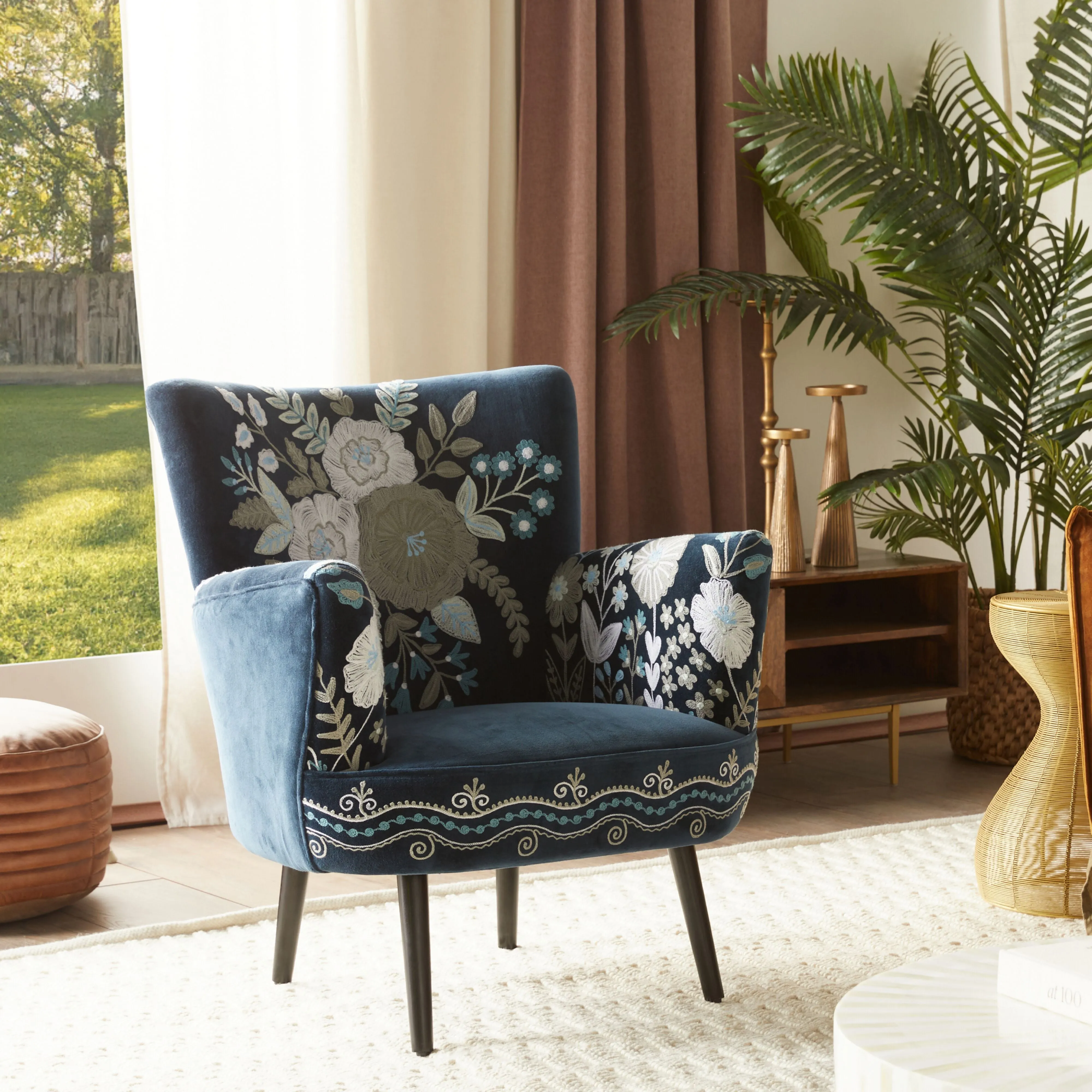 Blooms Embroidered Armchair Indigo Blue