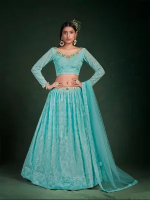 Blue Embroidered Festive Semi Stitched Lehenga With  Unstitched Blouse