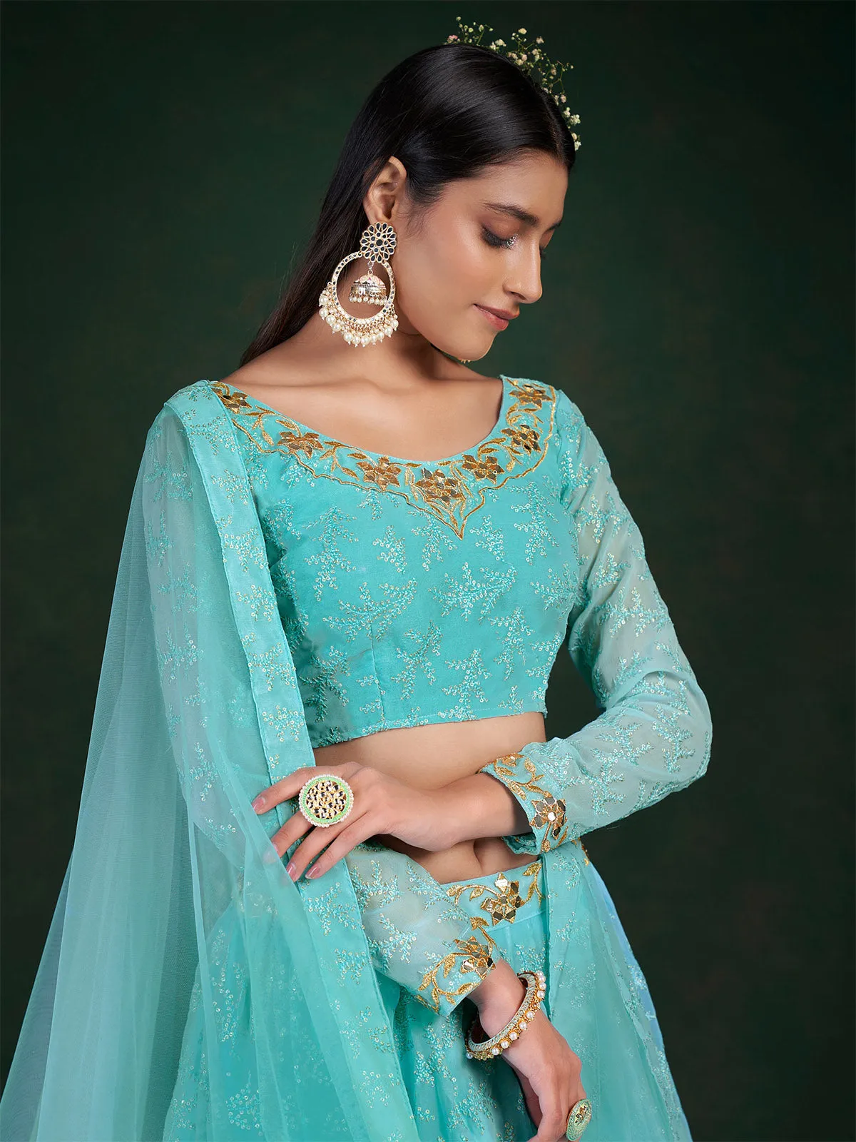 Blue Embroidered Festive Semi Stitched Lehenga With  Unstitched Blouse