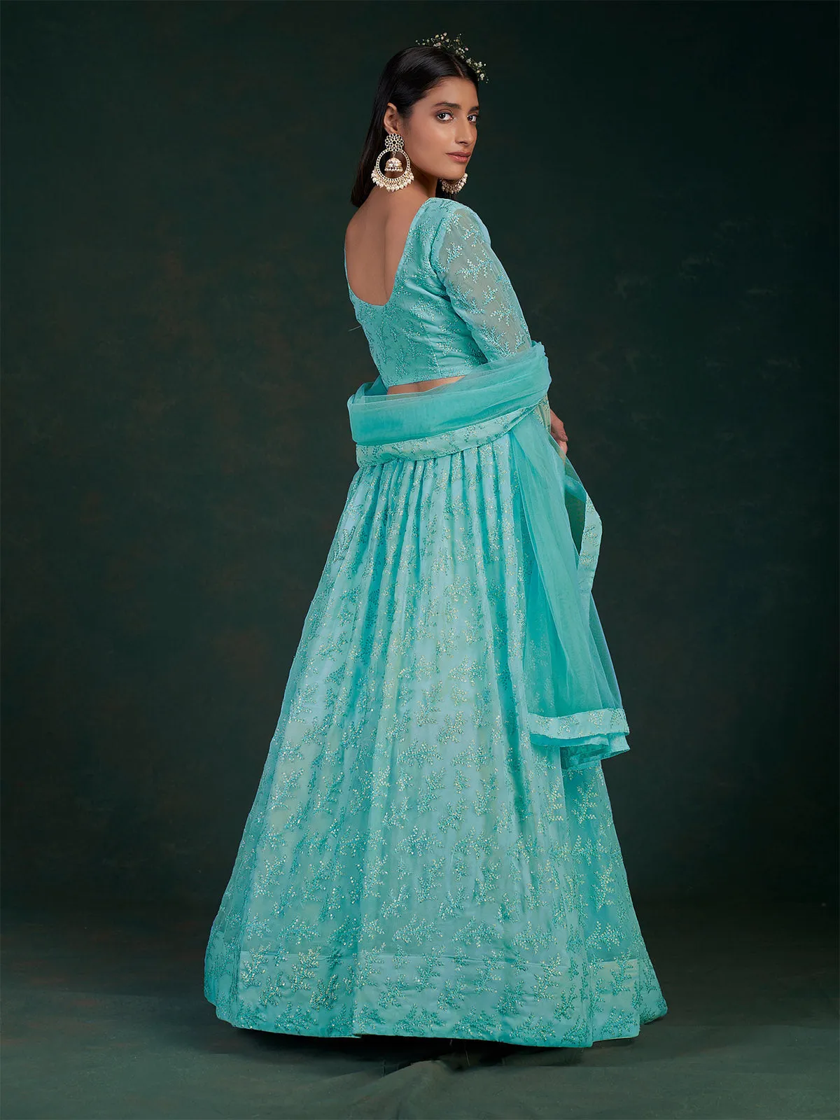 Blue Embroidered Festive Semi Stitched Lehenga With  Unstitched Blouse