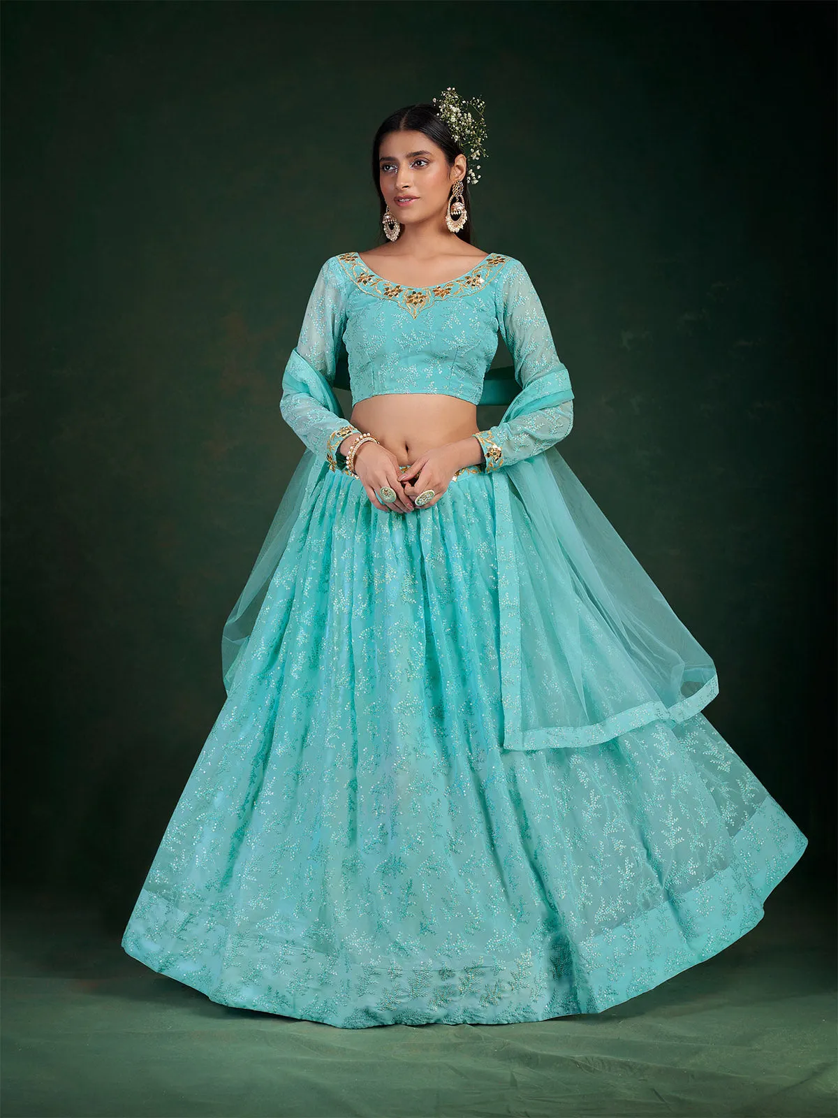 Blue Embroidered Festive Semi Stitched Lehenga With  Unstitched Blouse