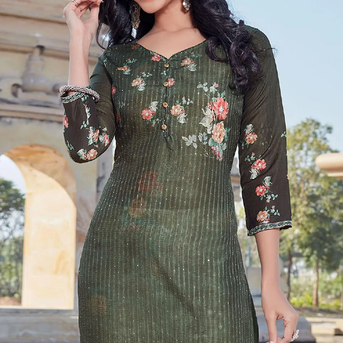 Bottle Green Sequins Embroidered Cotton Silk Kurti