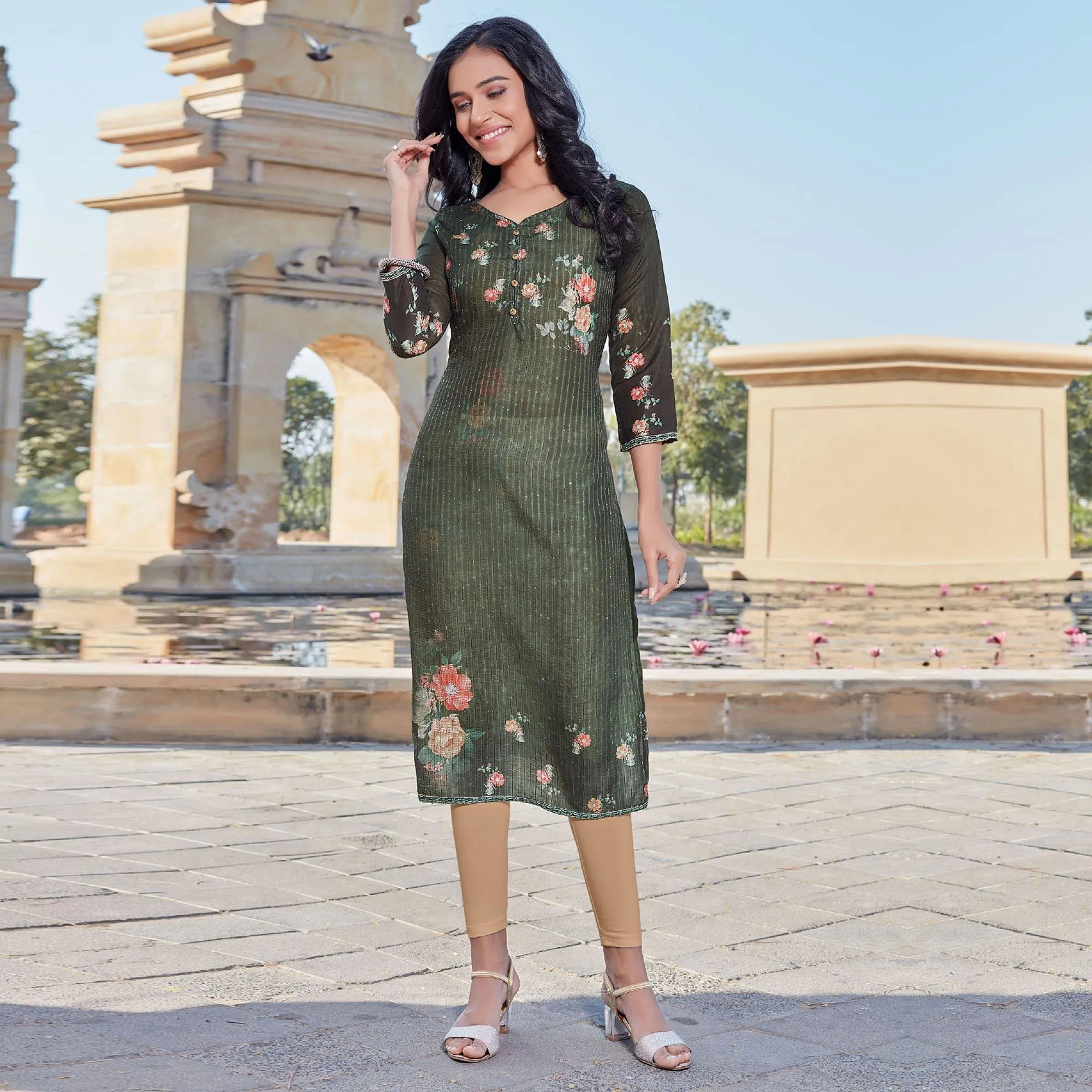 Bottle Green Sequins Embroidered Cotton Silk Kurti
