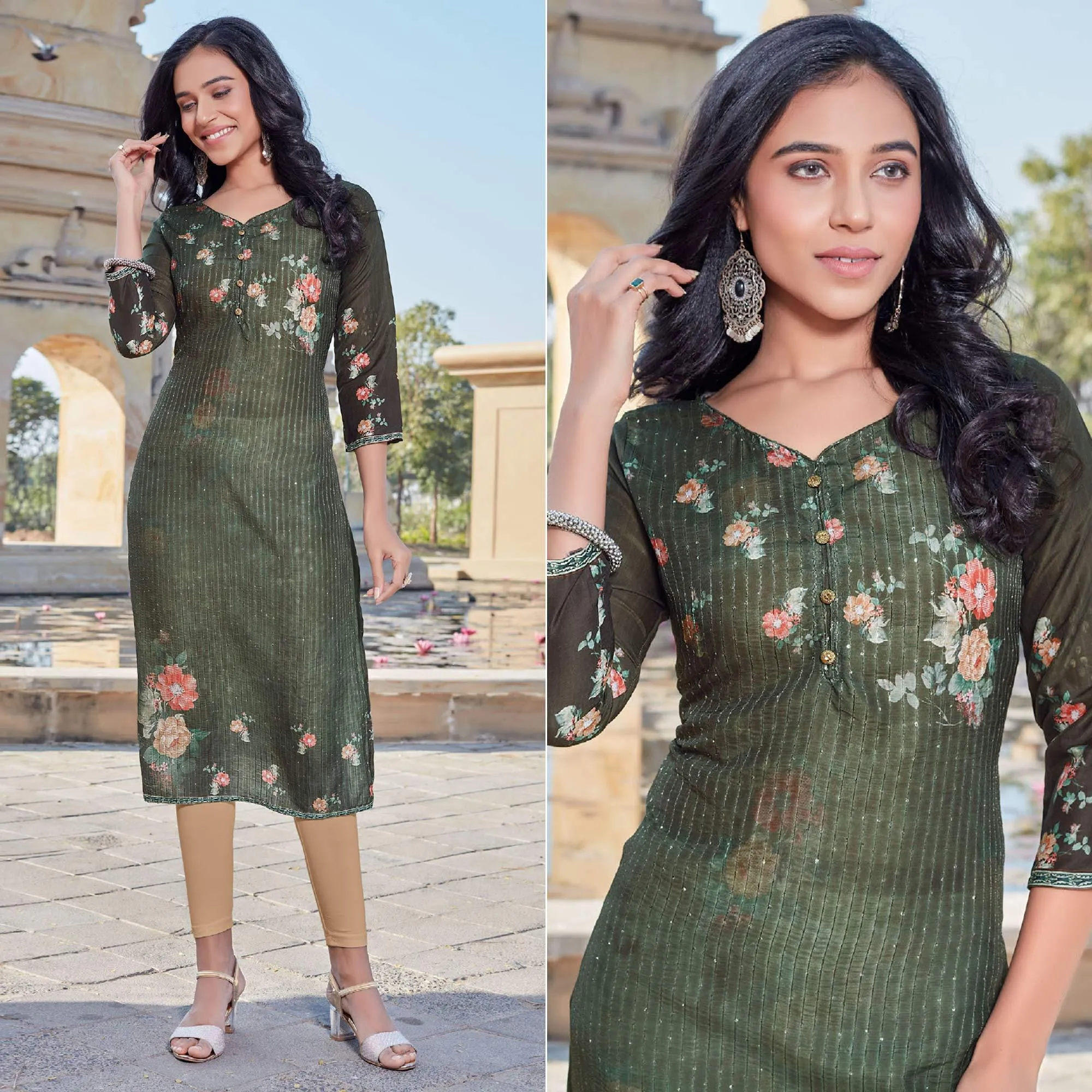 Bottle Green Sequins Embroidered Cotton Silk Kurti