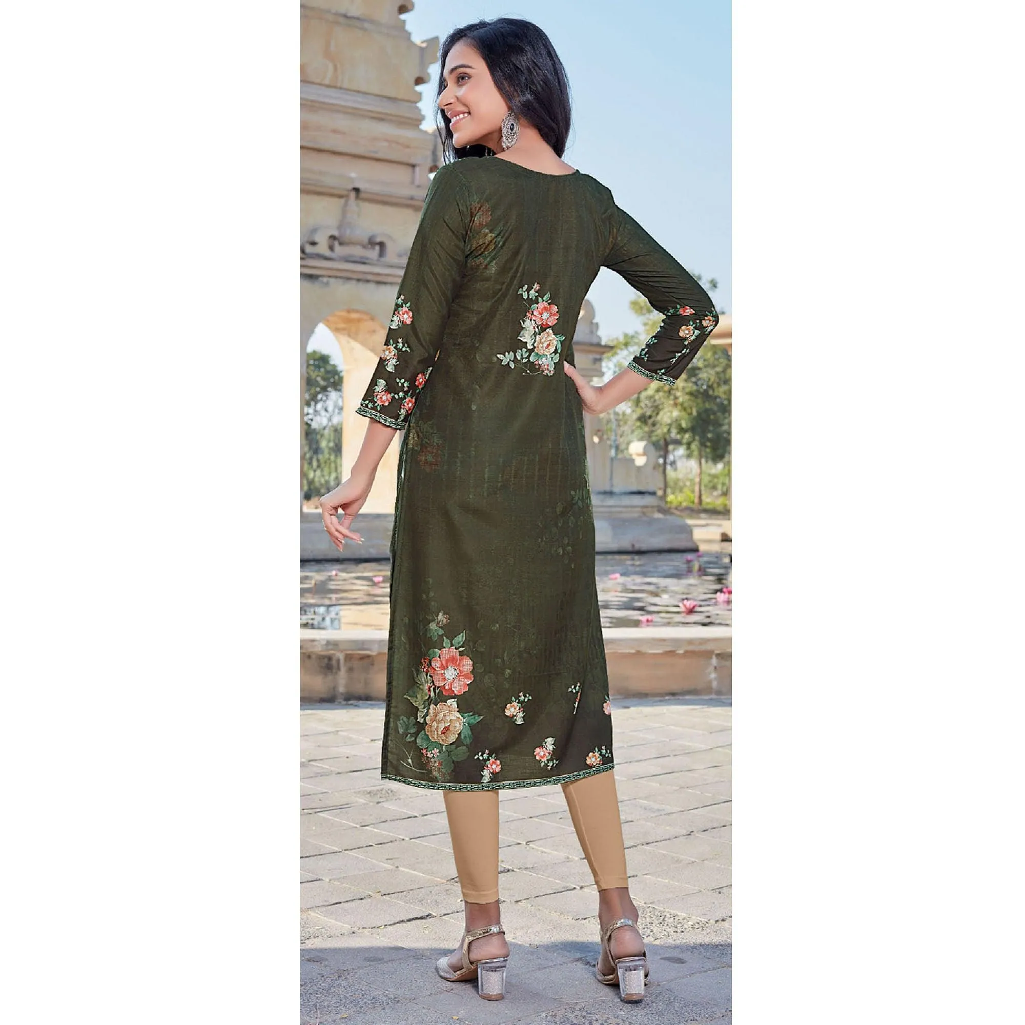 Bottle Green Sequins Embroidered Cotton Silk Kurti