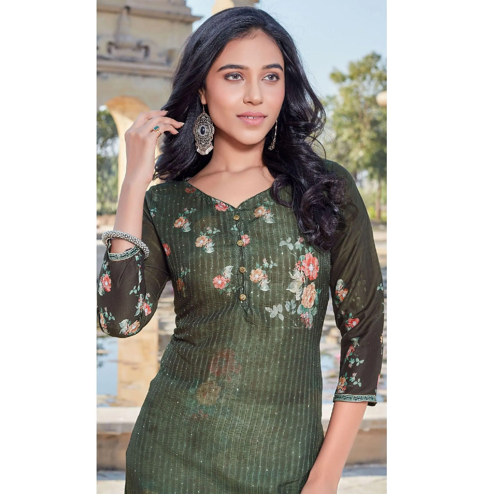Bottle Green Sequins Embroidered Cotton Silk Kurti