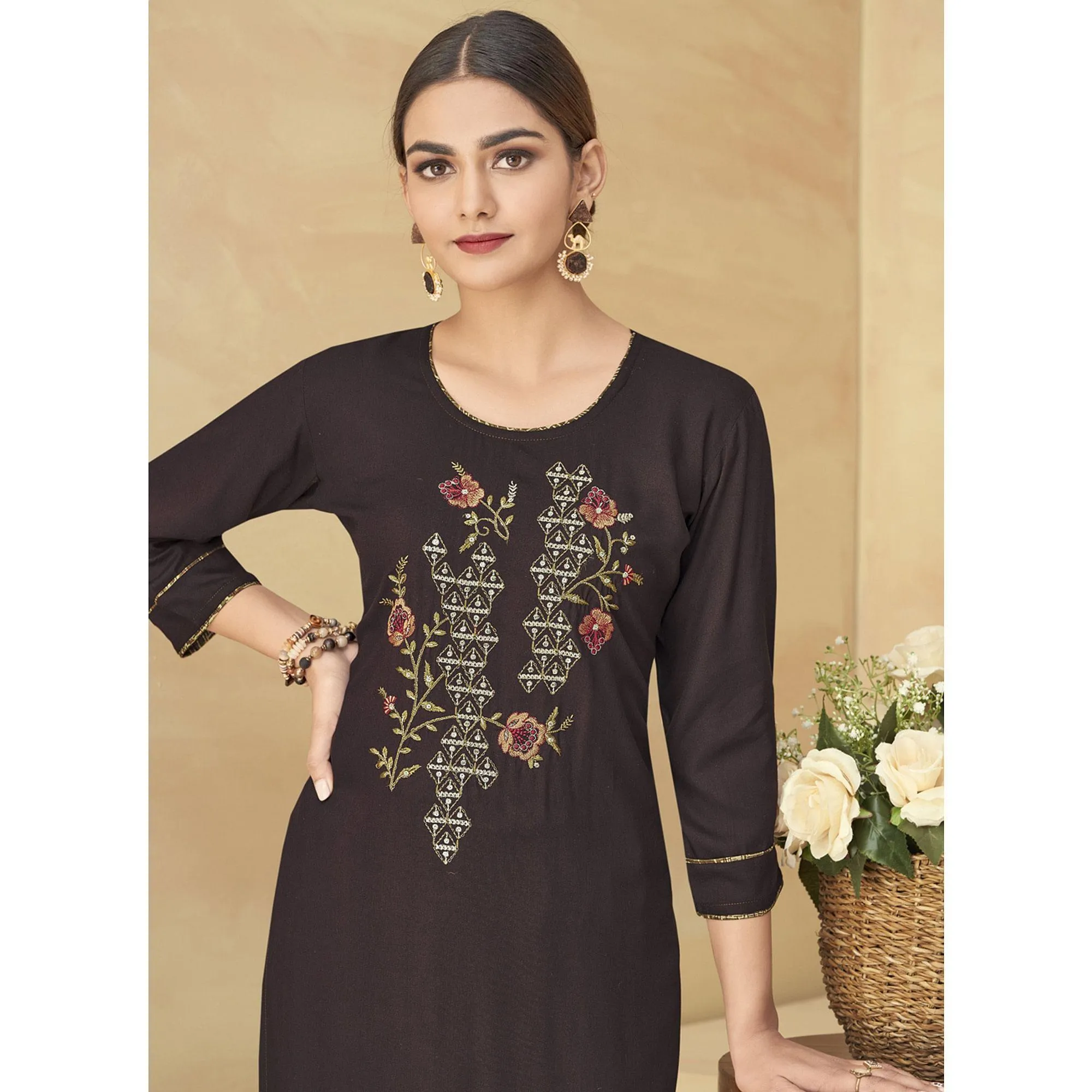 Brown Partywear Floral Embroidered Rayon Kurti Palazzo Set