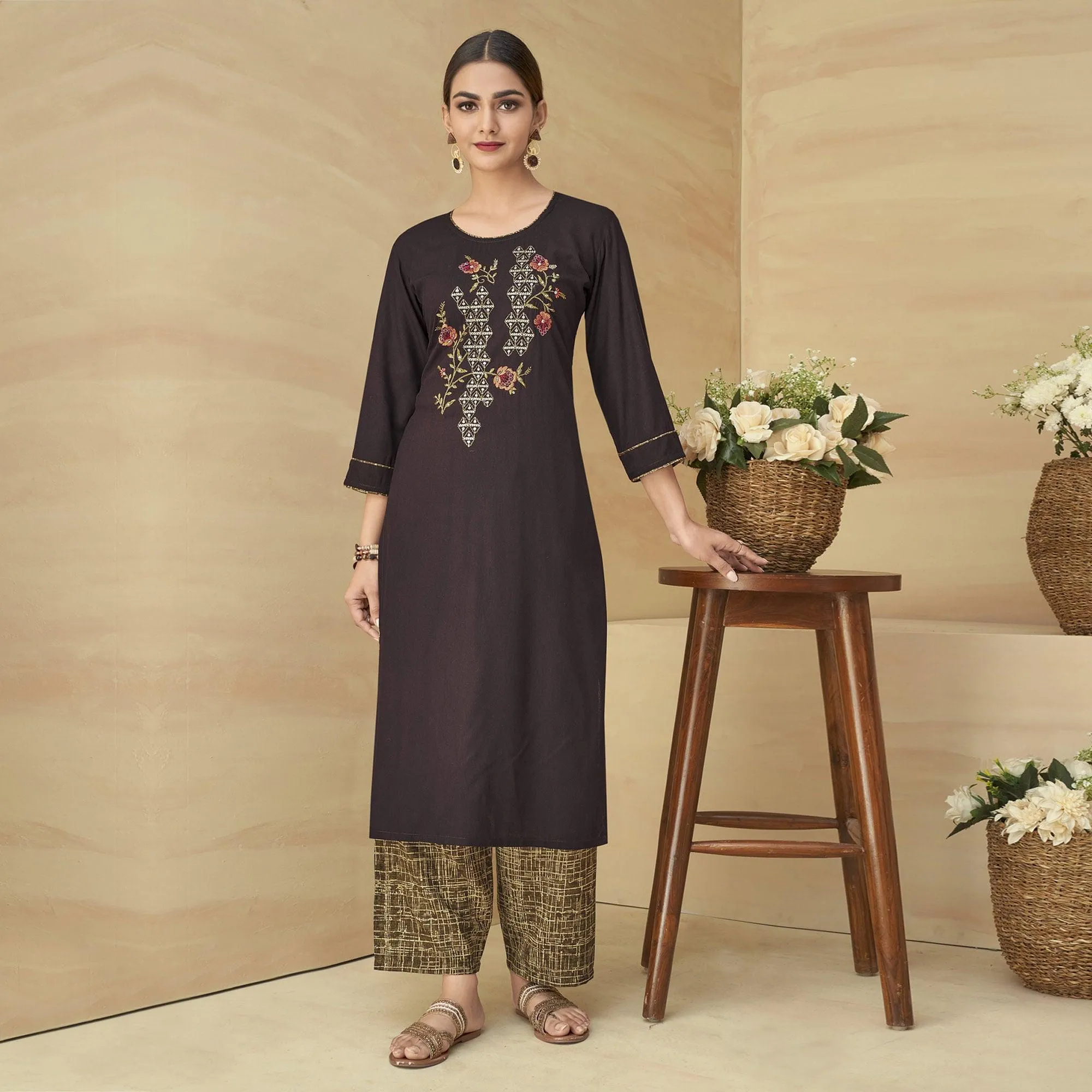 Brown Partywear Floral Embroidered Rayon Kurti Palazzo Set