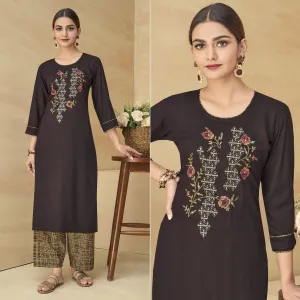 Brown Partywear Floral Embroidered Rayon Kurti Palazzo Set