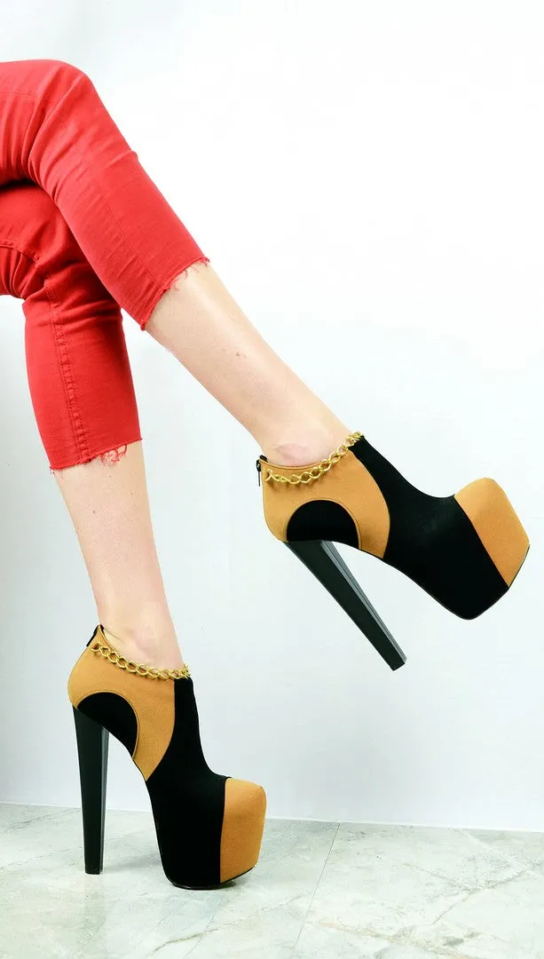 Camel Black Chain Ankle Platform Heels
