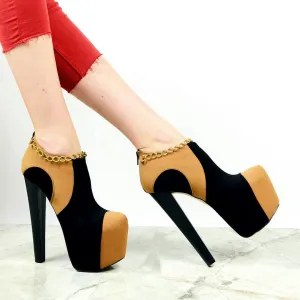 Camel Black Chain Ankle Platform Heels