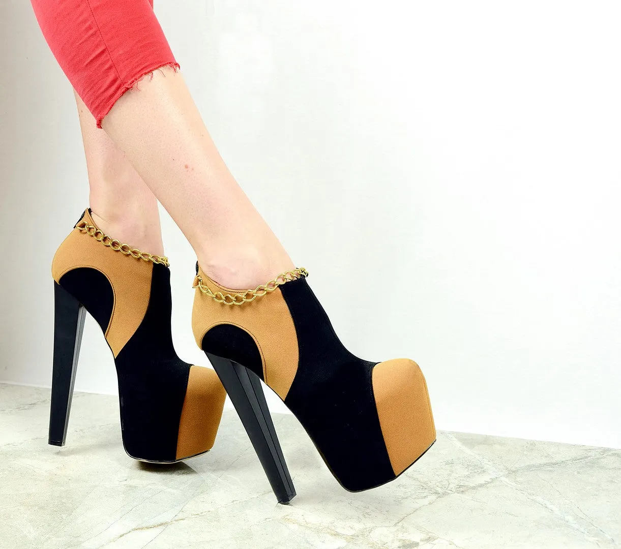 Camel Black Chain Ankle Platform Heels