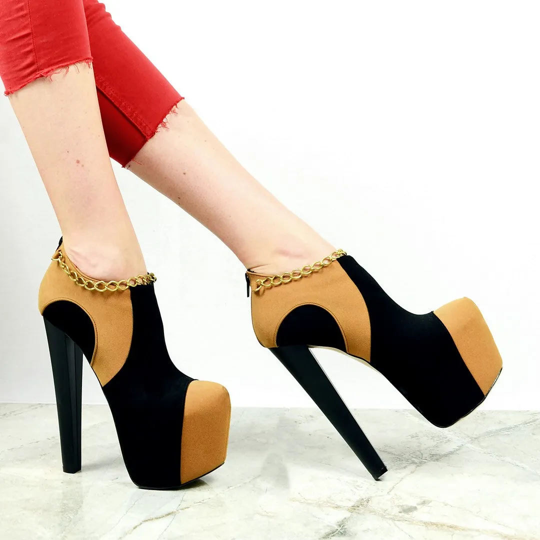 Camel Black Chain Ankle Platform Heels