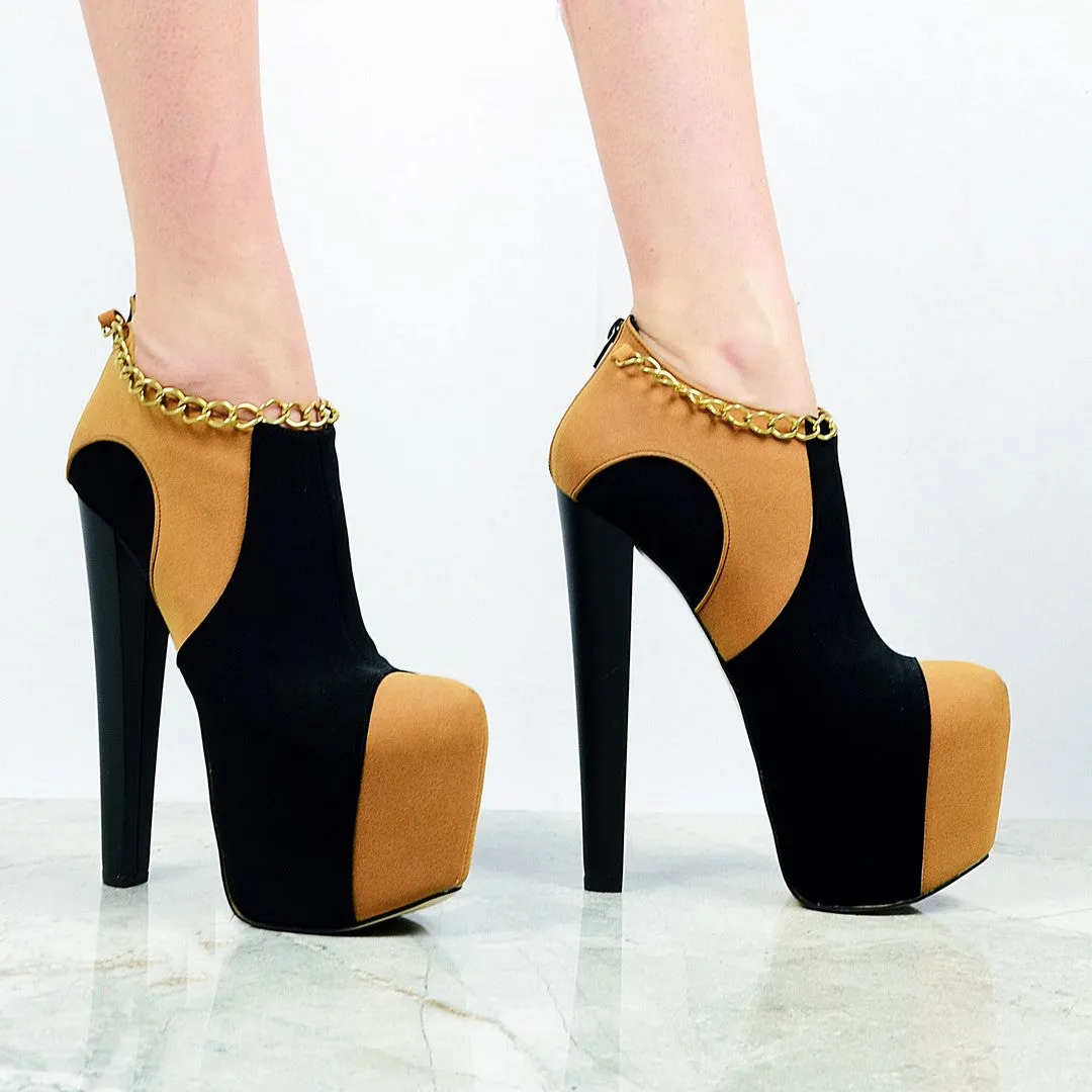 Camel Black Chain Ankle Platform Heels