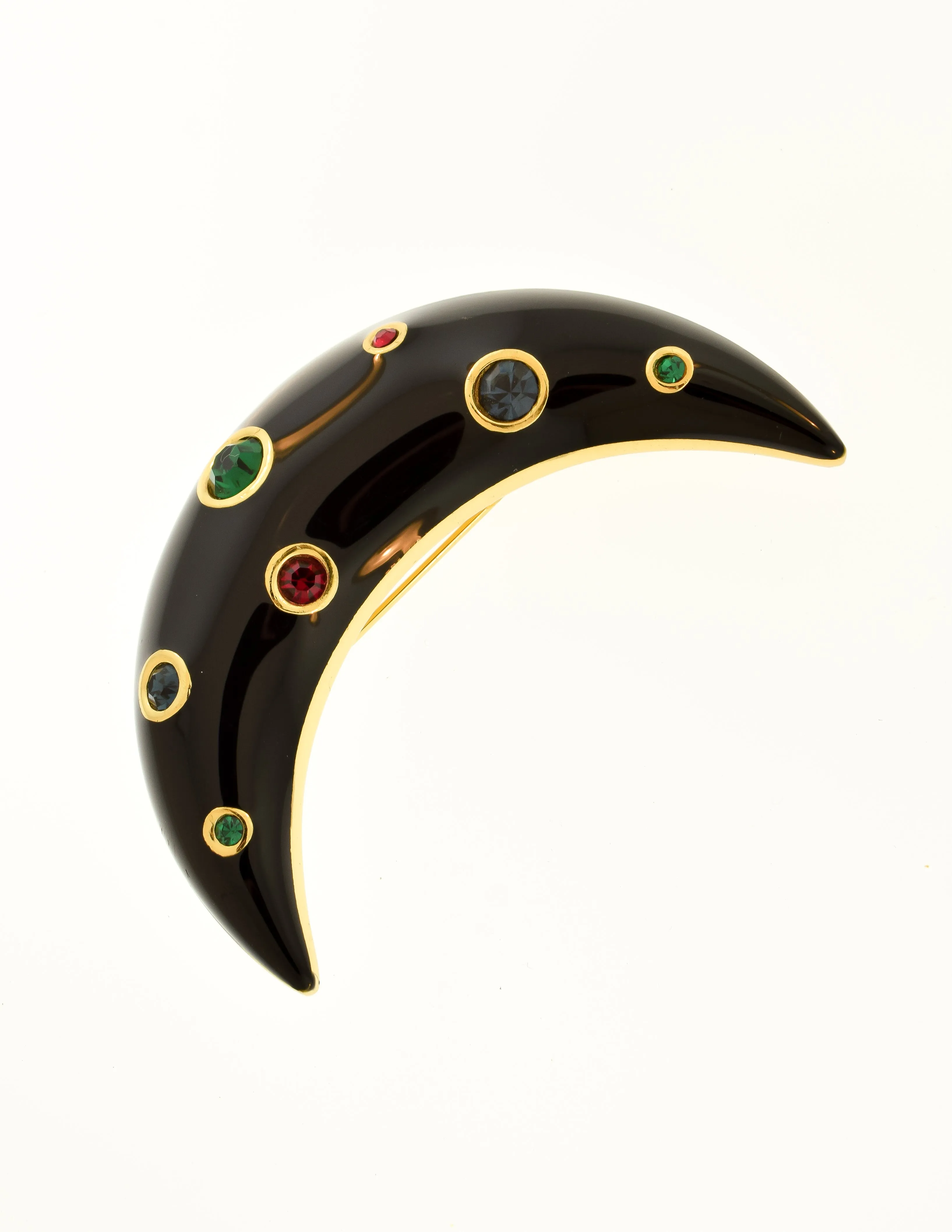 Christian Dior Vintage Black Enamel Gold Multicolor Rhinestone Crescent Moon Brooch Pin