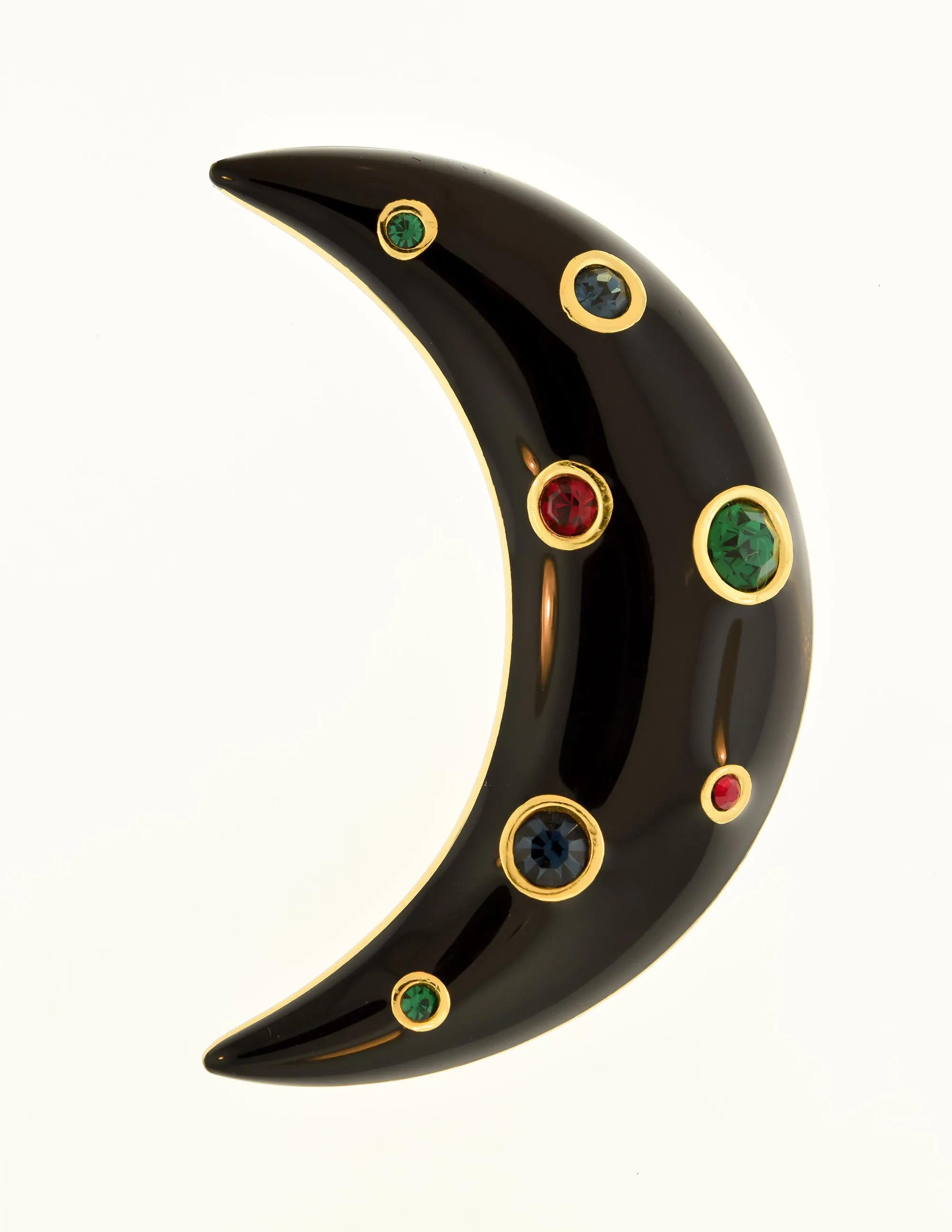 Christian Dior Vintage Black Enamel Gold Multicolor Rhinestone Crescent Moon Brooch Pin