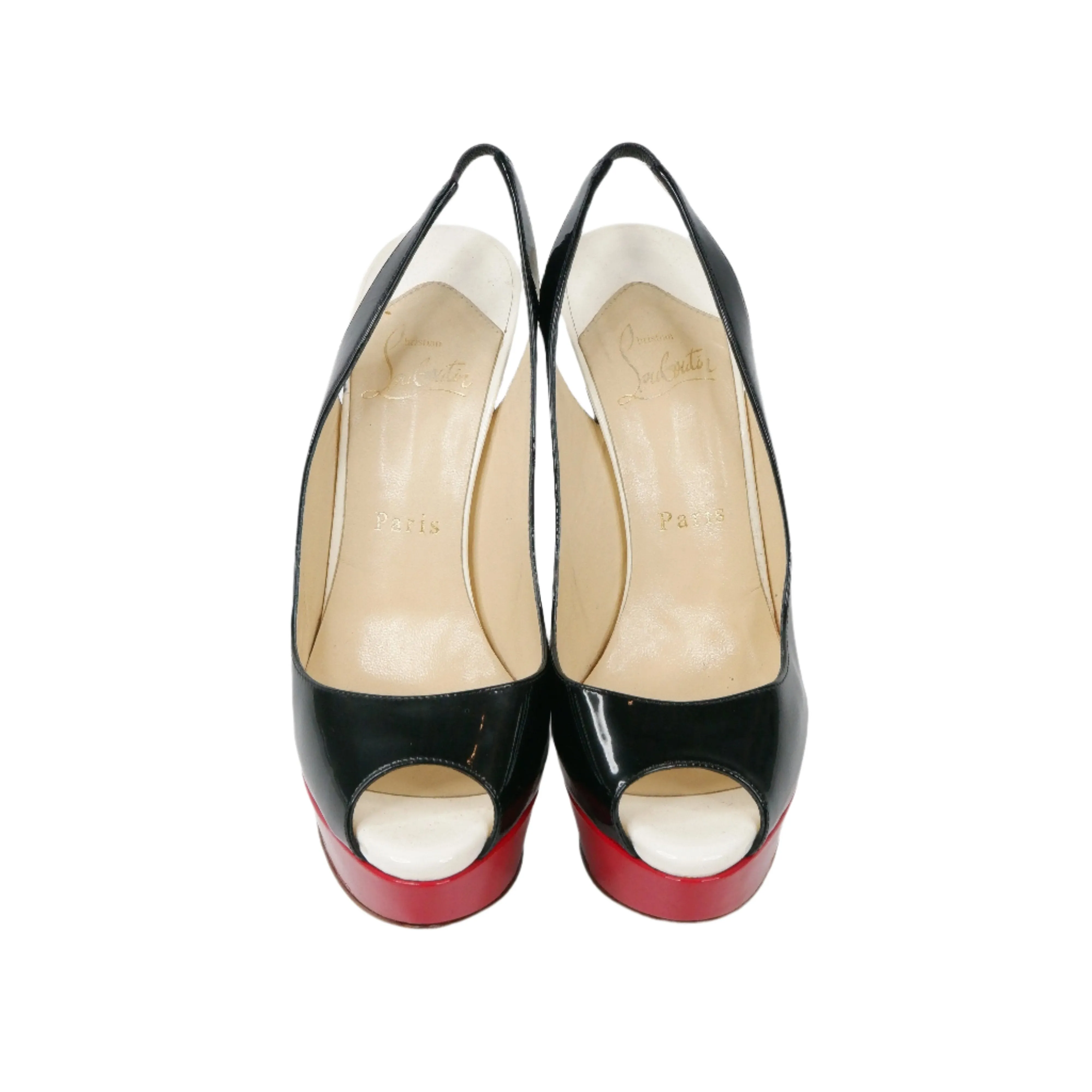 Christian Louboutin Patent Peep Toe Sling Back Black/white
