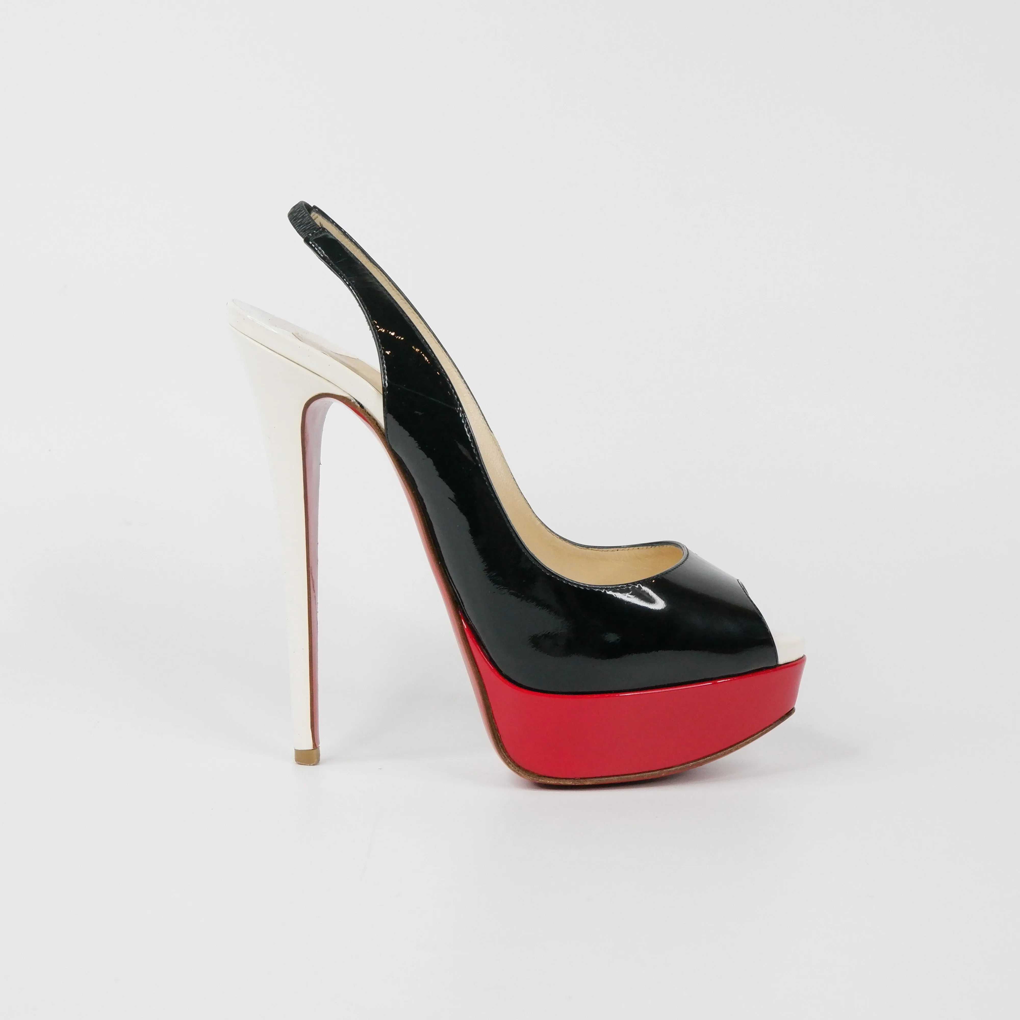 Christian Louboutin Patent Peep Toe Sling Back Black/white