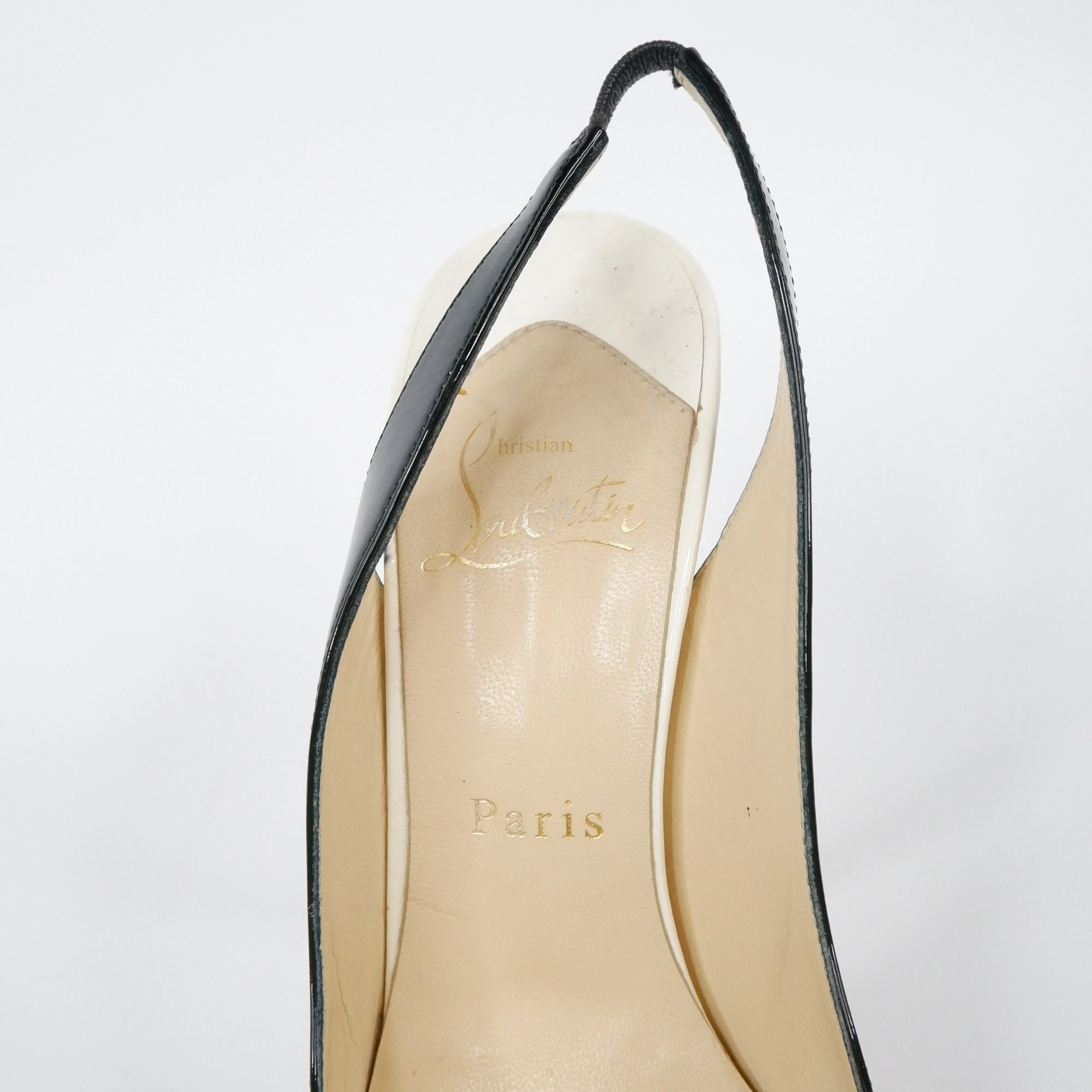 Christian Louboutin Patent Peep Toe Sling Back Black/white