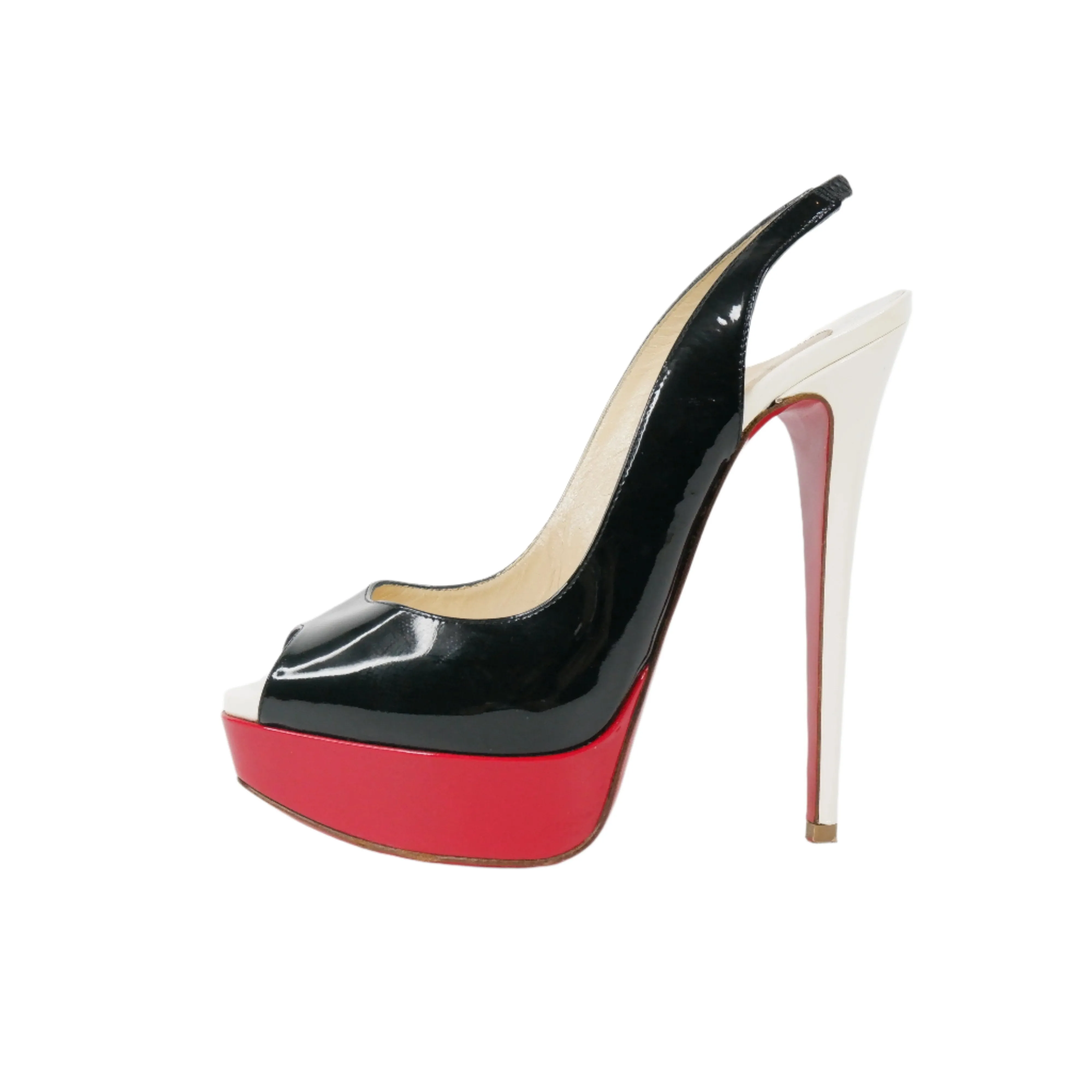 Christian Louboutin Patent Peep Toe Sling Back Black/white